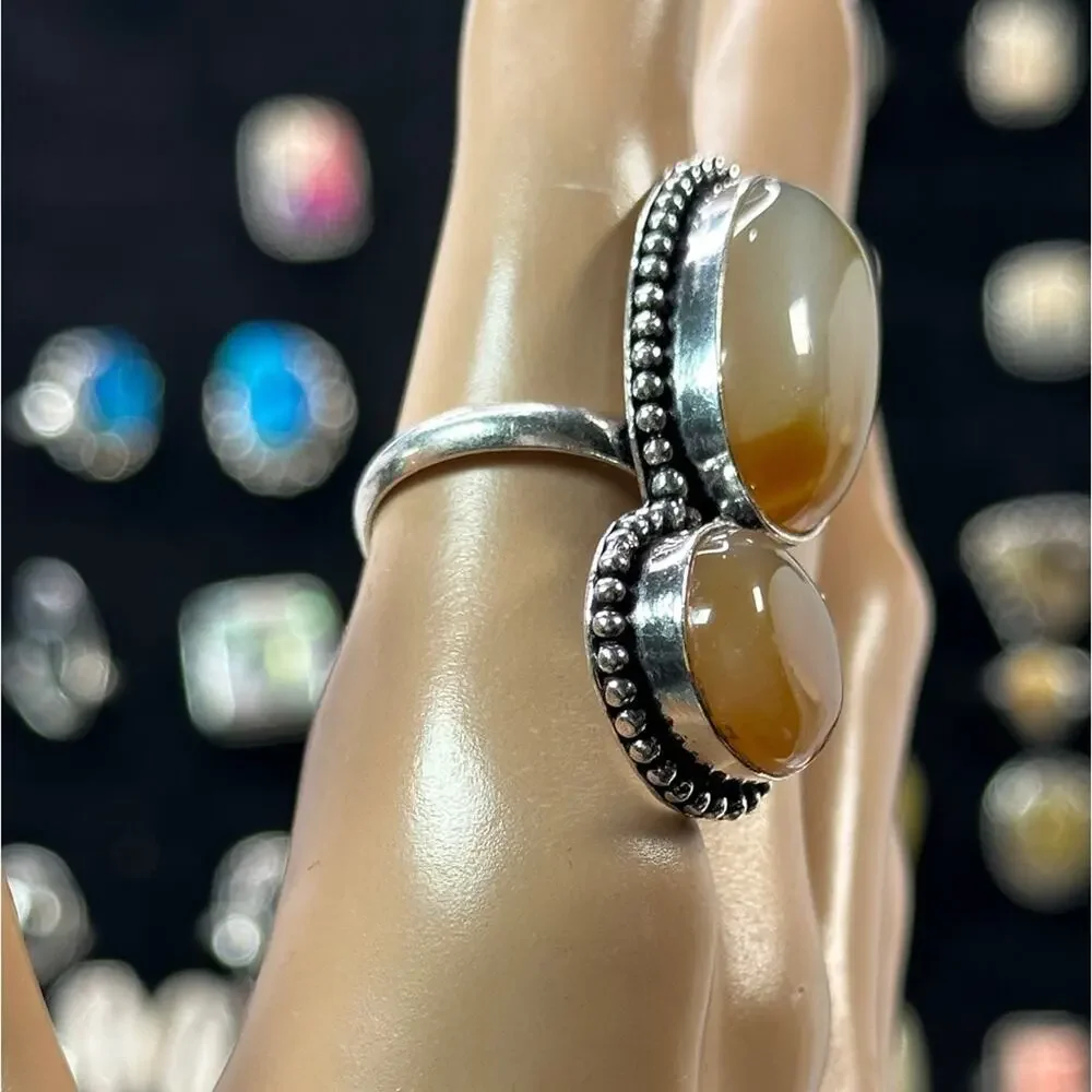 💕 Agate gemstone 2 stone ring silver plated overlay stamped 925 handmade size 9 - Picture 3 of 4